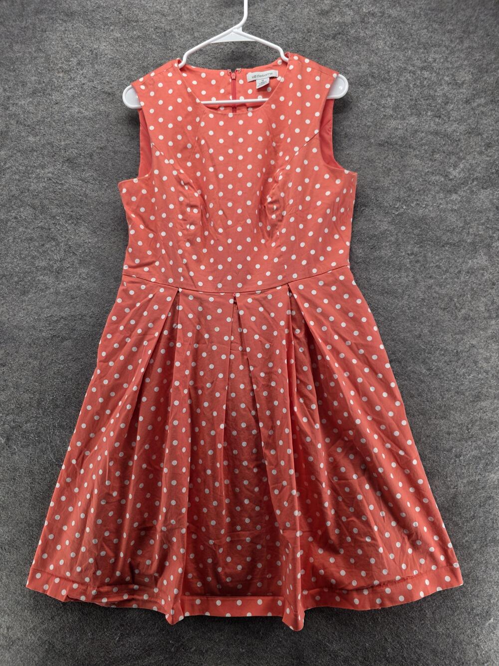 Liz Claiborne Dress Womens 12 Orange Fit & Flare Round Neck Sleeveless Polka Dot